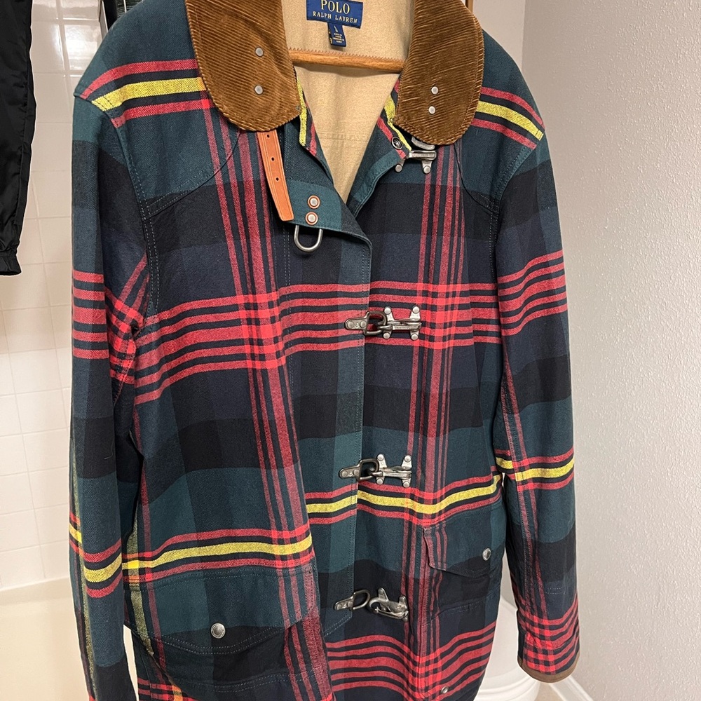 Polo by Ralph Lauren Red Green Plaid Toggle Jacket with Brown Corduroy Collar